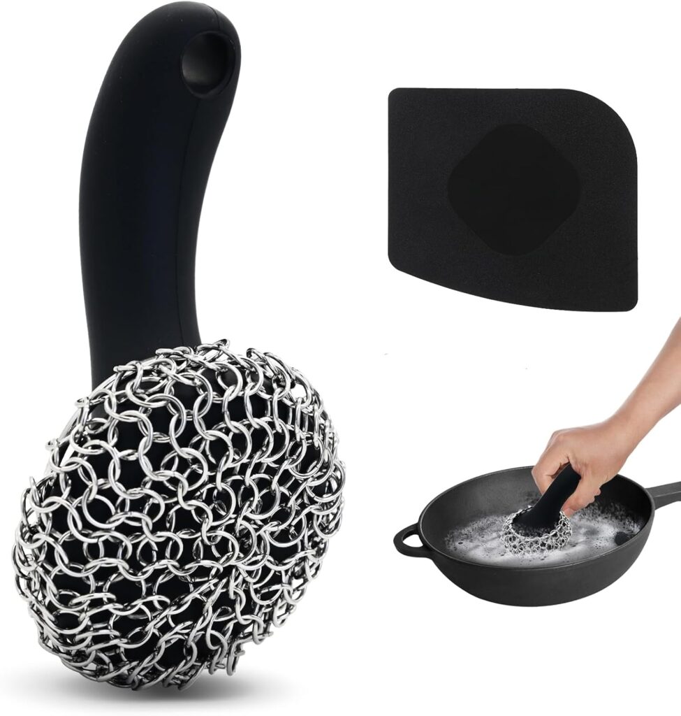 Cast Iron Scrubber with Long Handle | 316 Cast Iron Cleaner Chainmail Scrubber for Cast Iron Pan Skillet Cleaner – Dish Scouring Pad Dishwasher Safe Cleaning Kit (Black, 1 Scrubber + 1 Scraper)