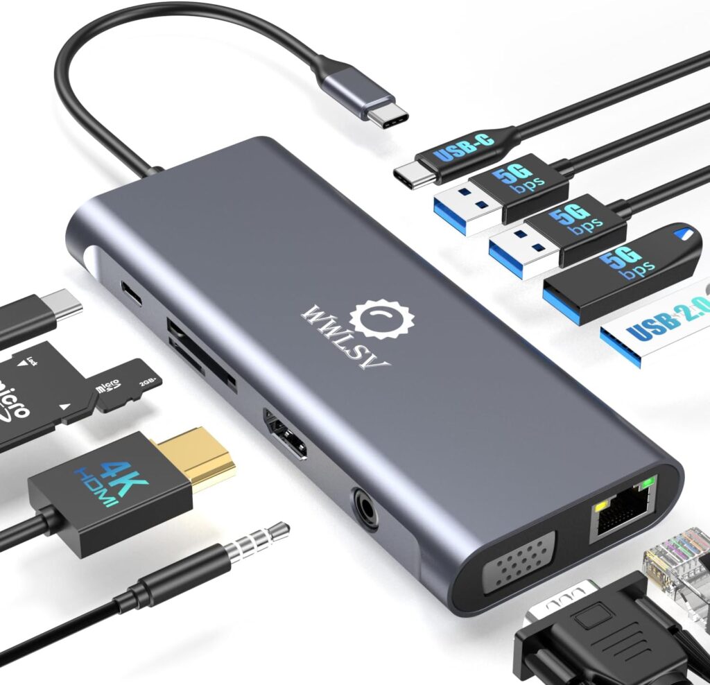 Laptop Docking Station, 12-in-1 USB C Hub – Dual Monitor with 1x 4K@60Hz HDMI, VGA, 100W PD, Ethernet, 3× USB 3.0, USB-C Data Port, SD/TF Card Reader, Audio – Compatible with MacBook, Dell, HP, Lenovo