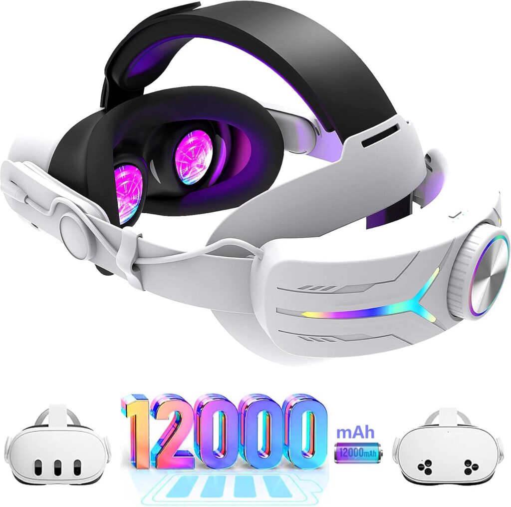 Upgraded RGB Lighted Head Strap with Battery 12000mAh for Meta Quest 3/3s Accessories, Quick Charge for Extended Playtime, to Reduce Facial Stress, Adjustable Elite Strap (White)
