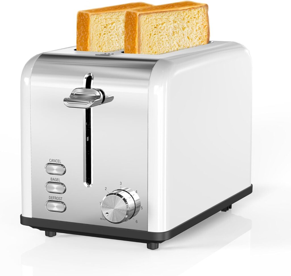 Simple Deluxe 2-Slice Toaster, 3 Function and 6 Browning Setting, Extra Wide Slot & Removable Crumb Tray, for Bread & Waffle, White