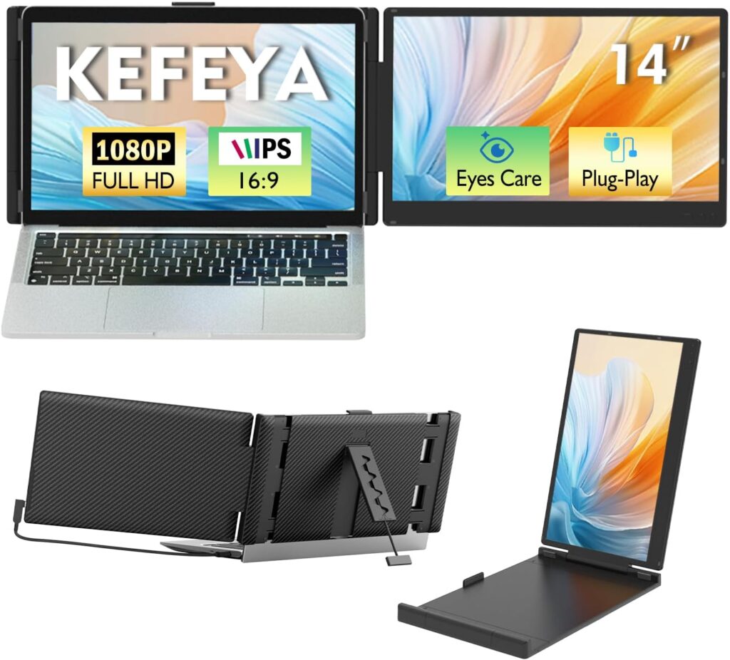 KEFEYA Laptop Screen Extender, 14″ 1080P FHD IPS Laptop Monitor Extender for Home Office, Dual Travel Monitor for Laptops 13-17.3″, USB-C HDMI Plug-Play for MacOS Windows PS Switch Xbox Phone Pad