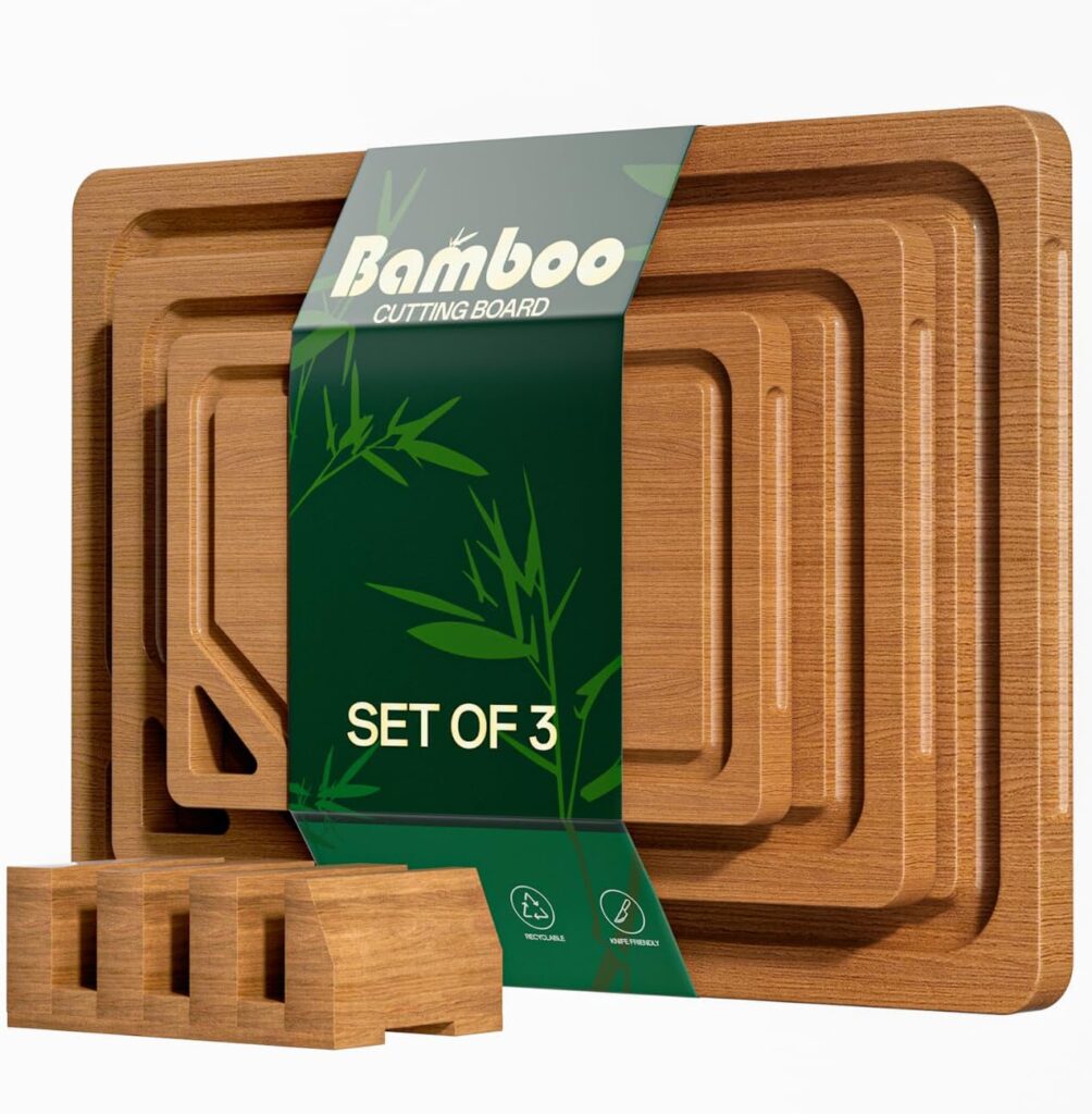 Bamboo Cutting Board Set with Holder,3 Packs Wood cutting boards with Non-Slip Rubber Padding, Deep Juice Grooves & Built-in Handles, Bamboo Chopping Boards Set for Meat, Vegetables and Fruits