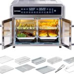 HotKing Dual-Zone Air Fryer Toaster Oven Combo, 28 QT Extra Large, Non Toxic Stainless Steel Convection Oven with French Door, Countertop Airfryer with Window, Racks, Rotisserie, Dehydrator, ETL Rated
