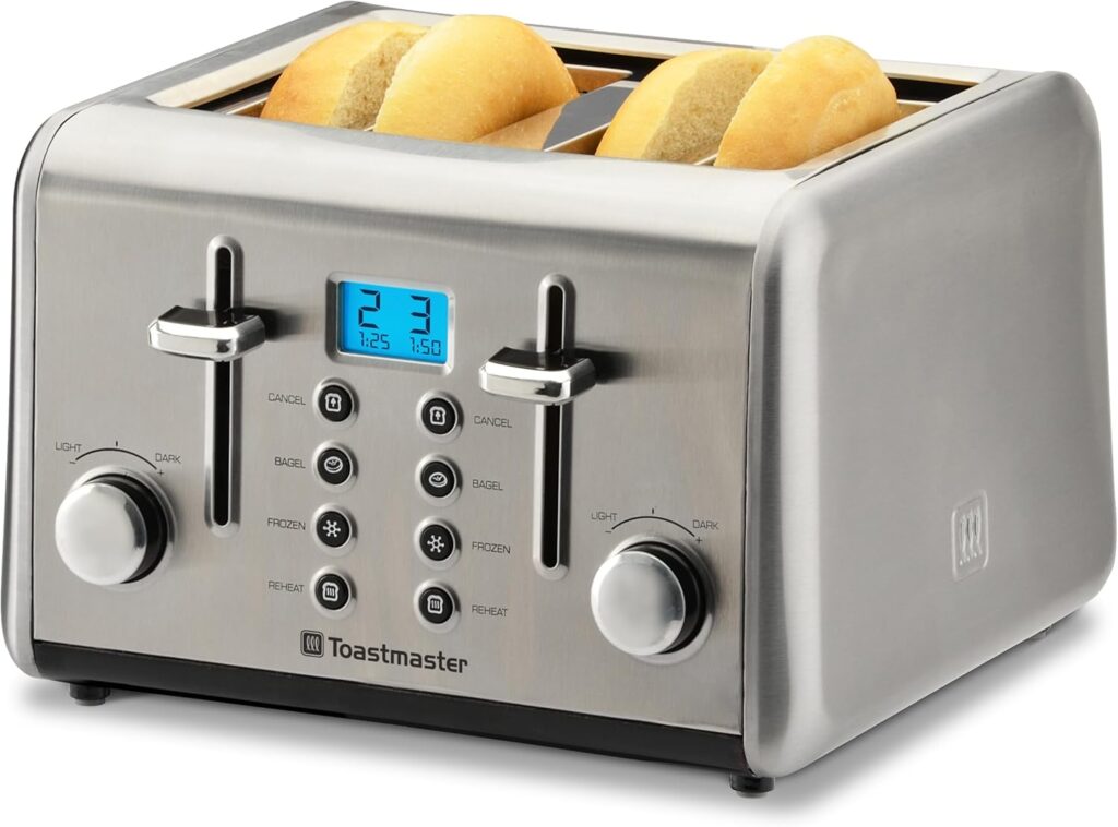 Toastmaster 4-Slice Digital Toaster – Stainless Steel with Reheat, Frozen, Bagel & Cancel Buttons – Kitchen Essential for Toasting Sandwich Bread – Four-Slot Toaster with Digital Display