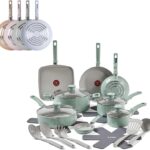 T-Fal Refresh Ceramic Nonstick Cookware Set, 20-Piece, Oven Safe to 350°F, Stockpot, Ceramic Pots and Pans Set, Frying Pans, Griddle, Utensils, Mint Green