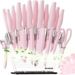 Astercook Kitchen Knife Set with Block and Sharpener 22 Piece German High Carbon Stainless Steel Knives Sharp Blade Dishwasher Safe Knife Set with Anti-slip Ergonomic Handle, Crystal Pink