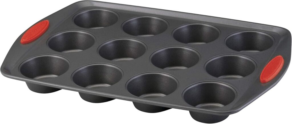 Rachael Ray Yum-o! Nonstick Bakeware 12-Cup Muffin & Cupcake Tin With Grips – Gray with Red Grips
