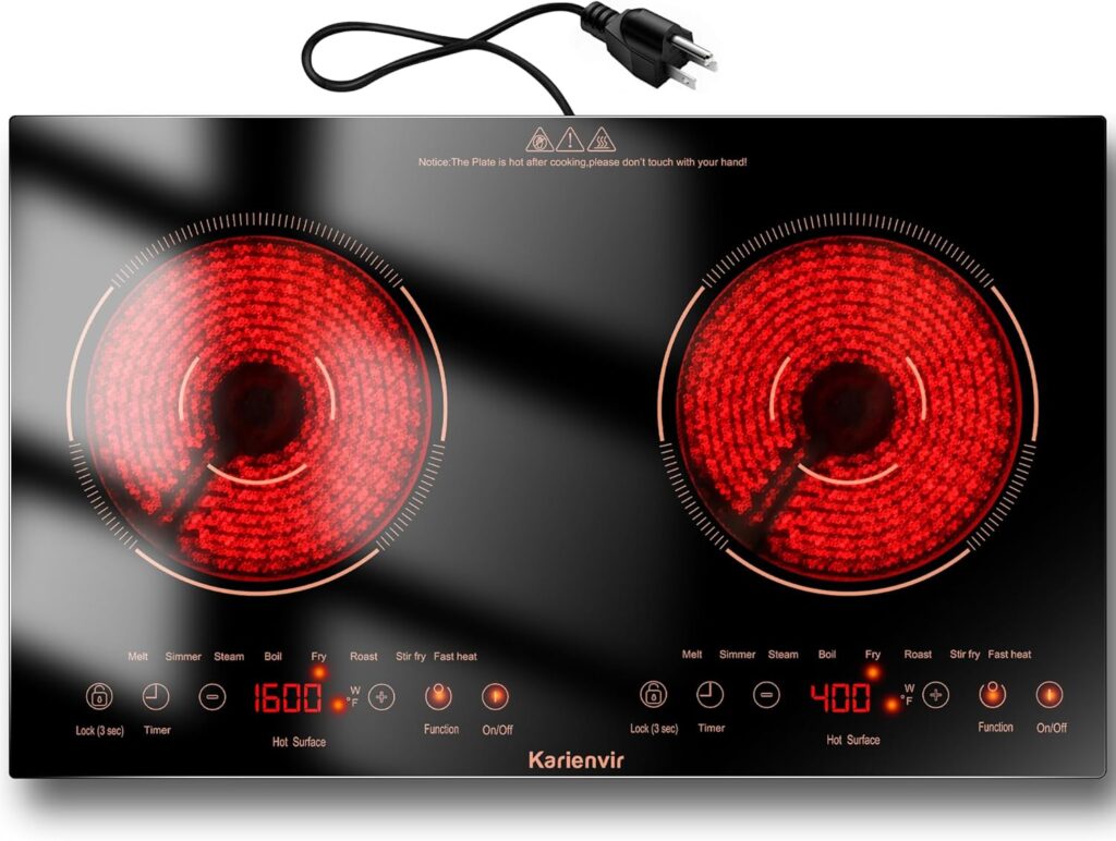 2 Burner Electric Cooktop 110v, 24 Inch Electric Stove Countertop & Built-in, Plug-in Electrics Cooktop, 8 Power Levels & 8 Functions, Touch Control, Safety Lock, Timer, 2000W, Orange