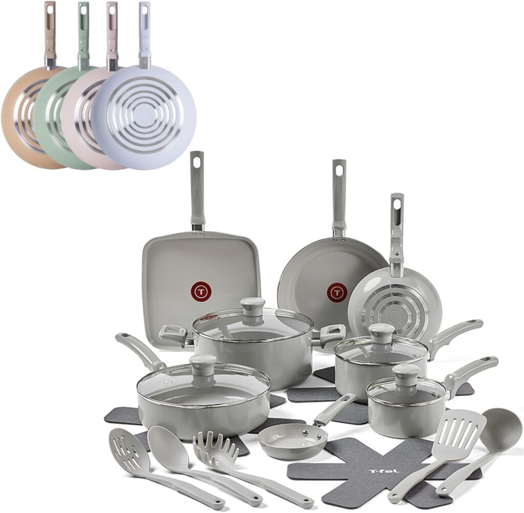 T-Fal Refresh Ceramic Pots and Pans Set, 20-Piece Nonstick Cookware Set, Stockpot, Griddle, Frying Pans, Utensils, Moon Grey