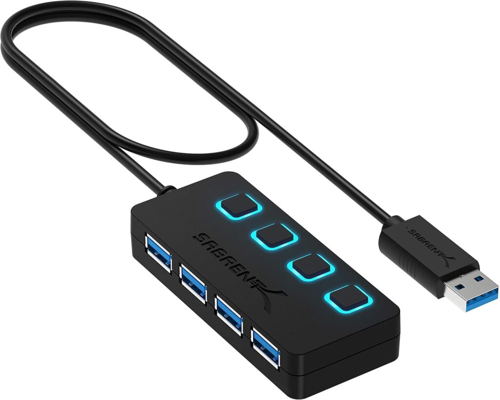 SABRENT 4-Port USB 3.0 Hub with Individual LED Power Switches – Slim, Portable Design – 2 Ft Cable – Fast Data Transfer – Compatible with Mac & PC (HB-UM43)