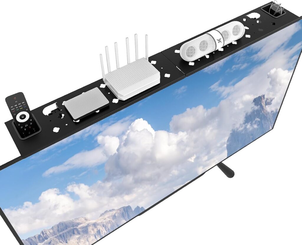 WALI TV Top Shelf, Adjustable Monitor Shelf with 2 Storage Boxes, Stitchable Floating TV Stand Holds Up to 5.5lbs for Speaker, Media Boxes, Game Console, Router Shelves 34.65×4.3” (TSH004-2B), Black