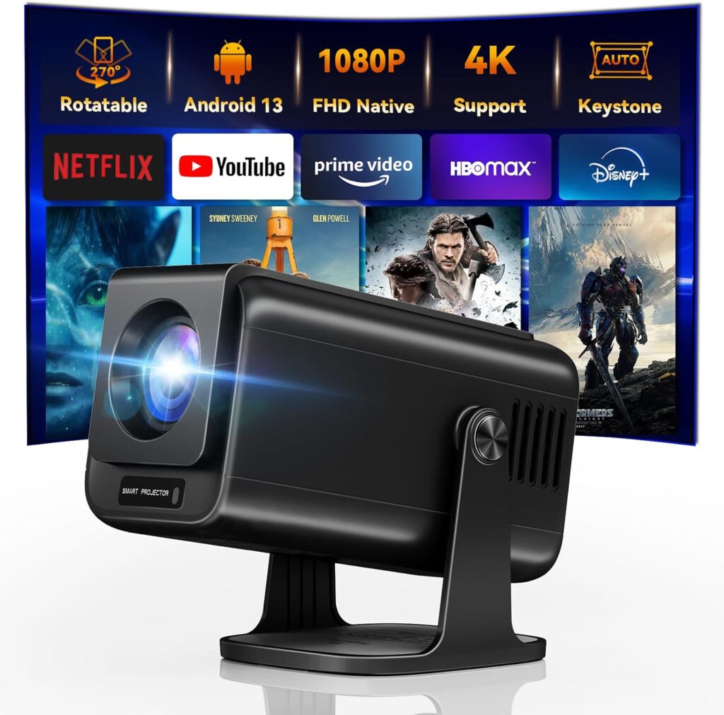 Mini 4K Projector with Wifi and Bluetooth, 1080P Full HD Smart Outdoor Portable Movie Small Projector with 270°Rotatable Stand, Android 13 OS, Auto Keystone, Support Big Screen for Home Bedroom