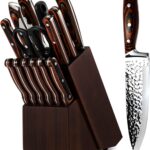 Kitchen Knife Set,15-Piece Knife Set With Block Wooden,Self Sharpening For Chef Knife Set,High Carbon Japan Stainless Steel Hammered Collection Knife Block Set with Steak Knives, Boxed Knife Set