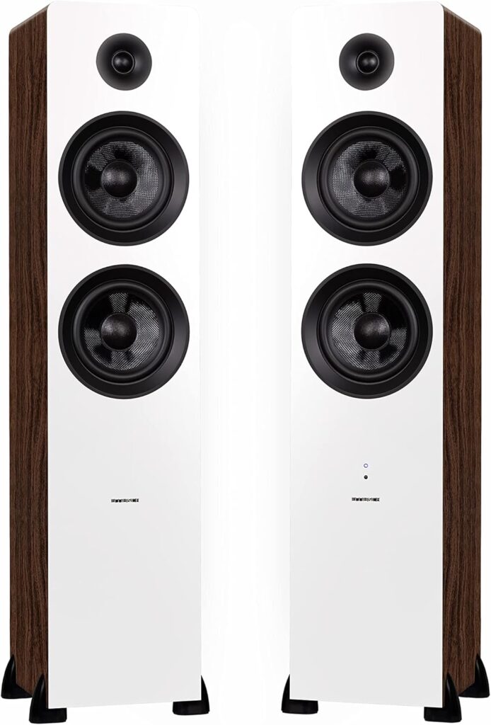 Fluance Ai81 Elite Powered 2-Way Floorstanding Tower Speakers, 150W Built-in Amplifier for 2.0 Stereo Music & Movie Listening, TV, Turntable, PC & Bluetooth – 2X RCA, Optical, Sub Out (White Walnut)