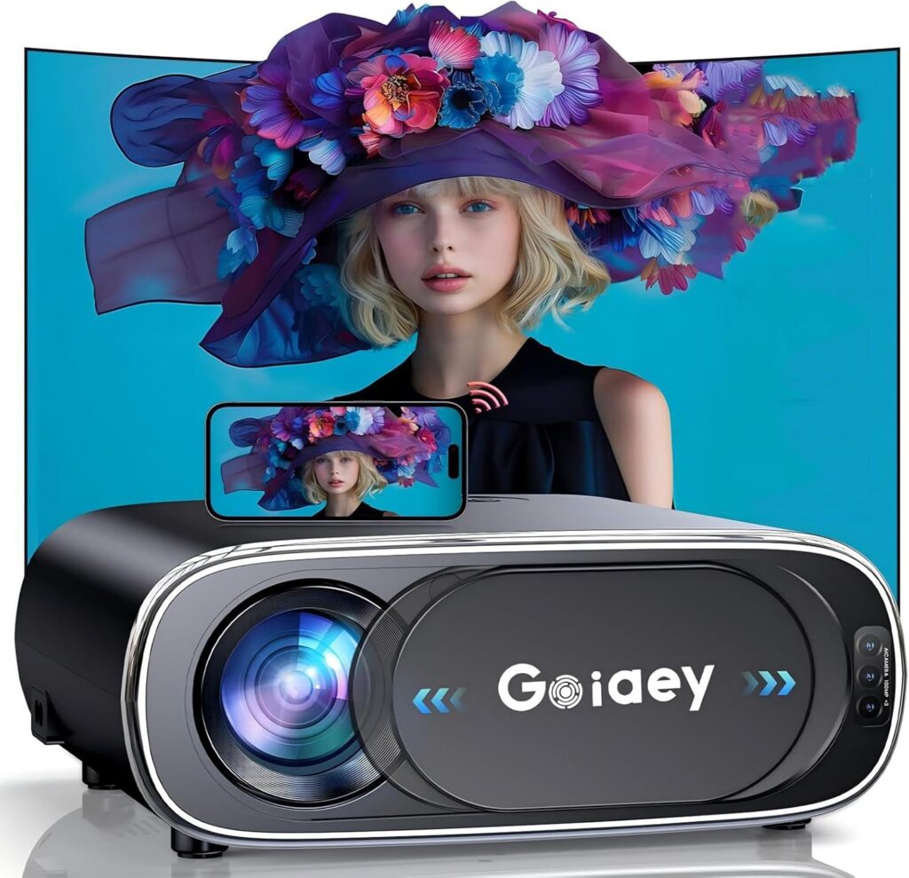 1200 ANSI 4K Projector with WiFi and Bluetooth, Auto Focus Auto Lens Cover Goiaey Outdoor Projector, Auto Keystone&50%-100% Zoom, Native 1080P Portable Smart Projector for Home and Outdoor use