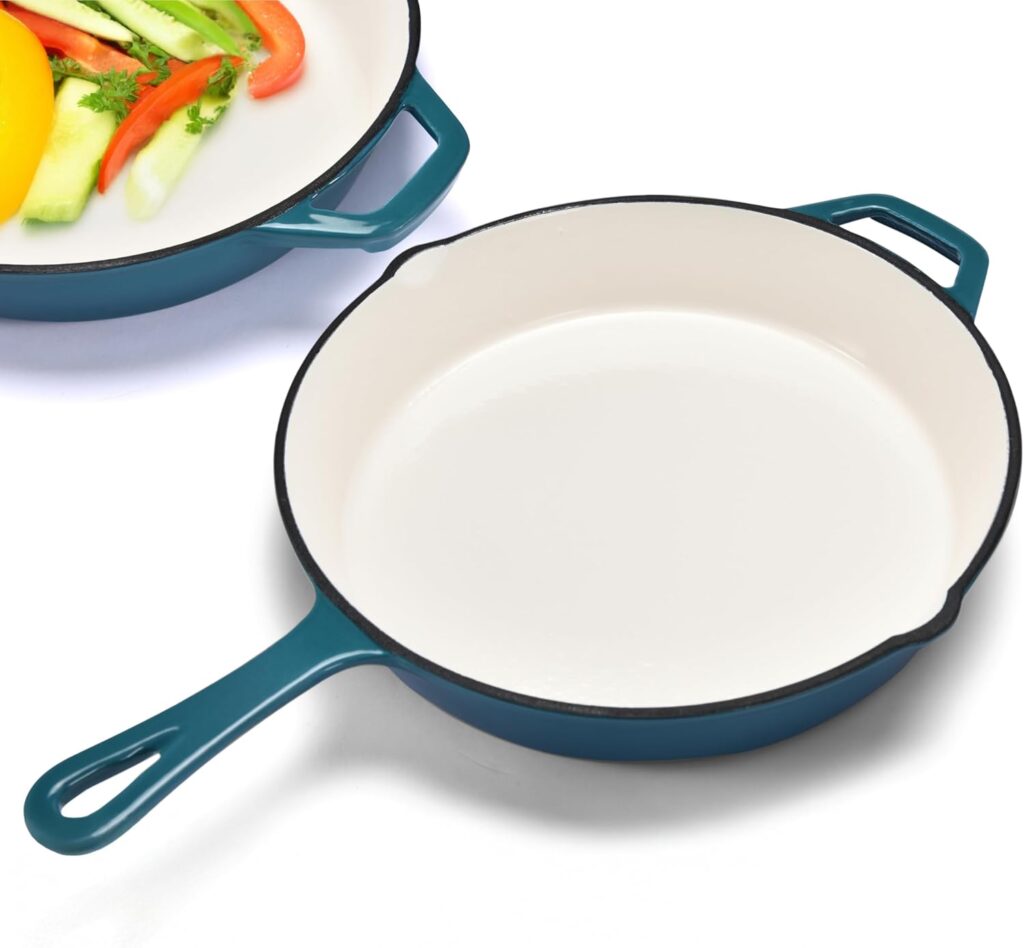 Bruntmor Cast Iron Pan – 10×16-Inch Round Skillet with Pour Spout – Frying Pan Compatible with Stovetops, Ovens, and Grills -Pre-Seasoned Non-Stick Surface Kitchen Tool and Cookware for Frying – Teal