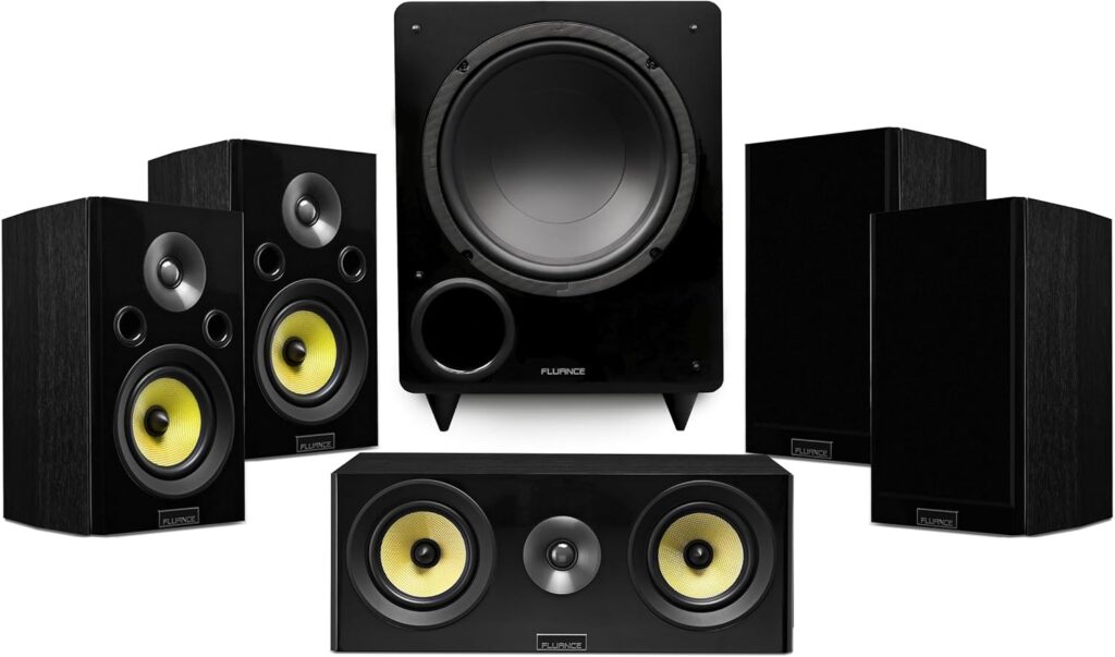 Fluance Signature HiFi Compact Surround Sound Home Theater 5.1 Channel Speaker System Including 2-Way Bookshelf, Center Channel, Rear Surround Speakers and DB10 Subwoofer – Black Ash (HF51BC)
