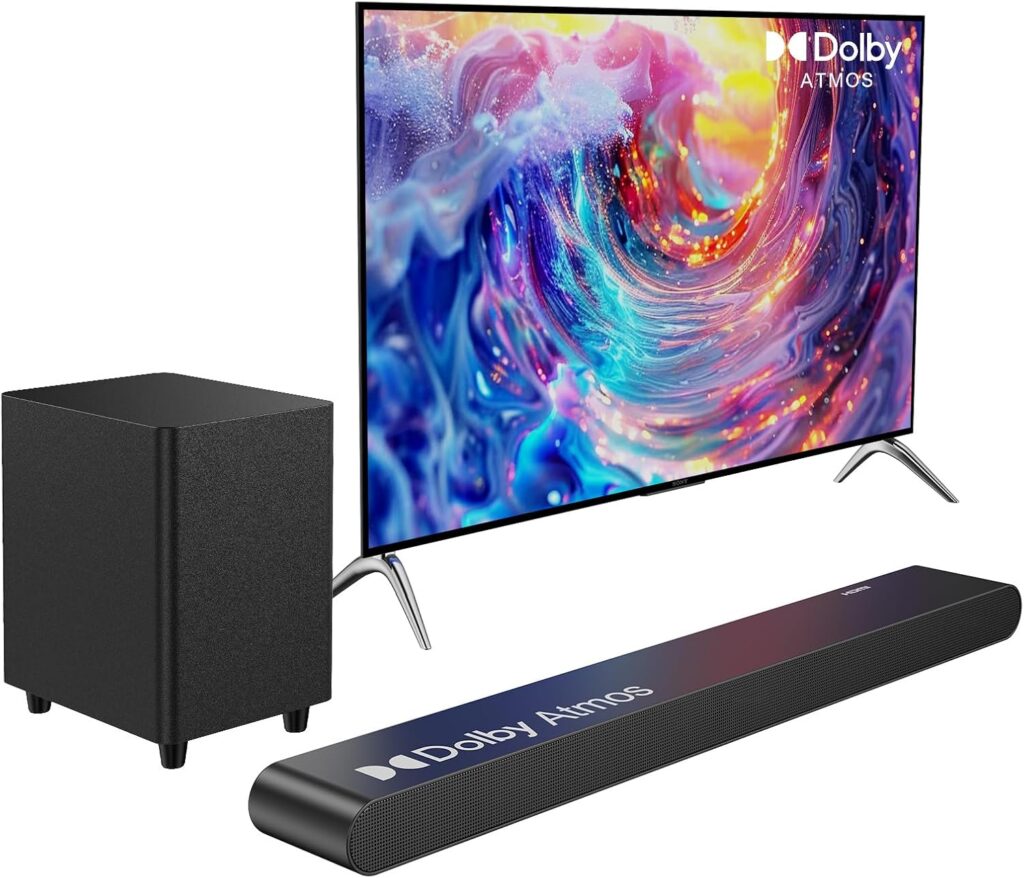 3.1CH Dolby Atmos Soundbar for Smart TV, 390w Virtual Atomos Surround Sound & Wired Subwoofer, 4K HDR Passthrough, HDMI/eARC Home Theater System