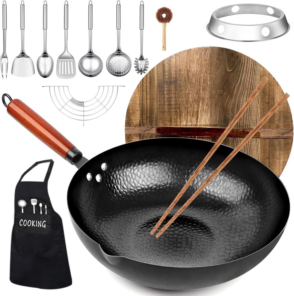 Carbon Steel Wok Pan, 14 Piece Woks & Stir-Fry Pans Set with Wooden Lid Cookwares, No Chemical Coated Flat Bottom Chinese Pan for Induction, Electric, Gas, Halogen All Stoves – 12.6”