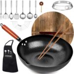 Carbon Steel Wok Pan, 14 Piece Woks & Stir-Fry Pans Set with Wooden Lid Cookwares, No Chemical Coated Flat Bottom Chinese Pan for Induction, Electric, Gas, Halogen All Stoves – 12.6”