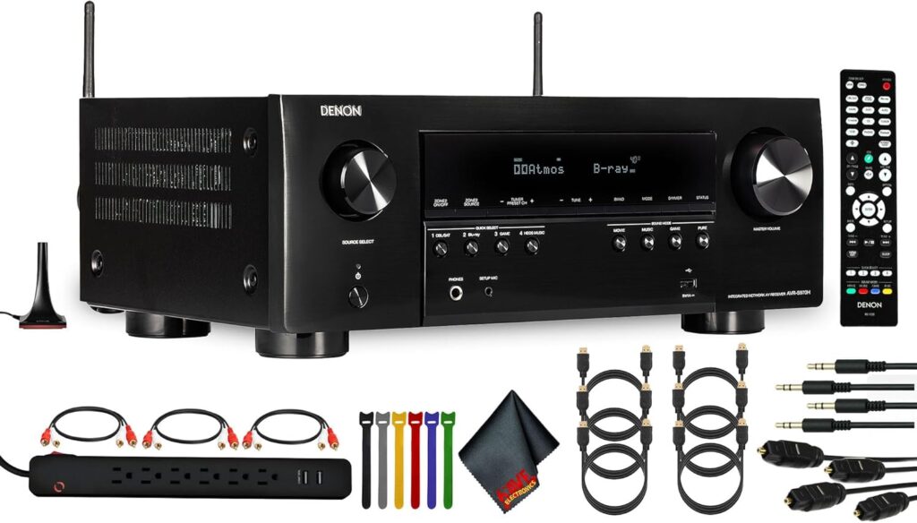 Denon AVR-S970H 7.2-Channel Network A/V Receiver Bundle Including: Surge Protector, 3X RCA Cable, 6X HDMI Cable, 2X Auxiliary Cable, Cable Ties, Cleaning Kit, More Accessories