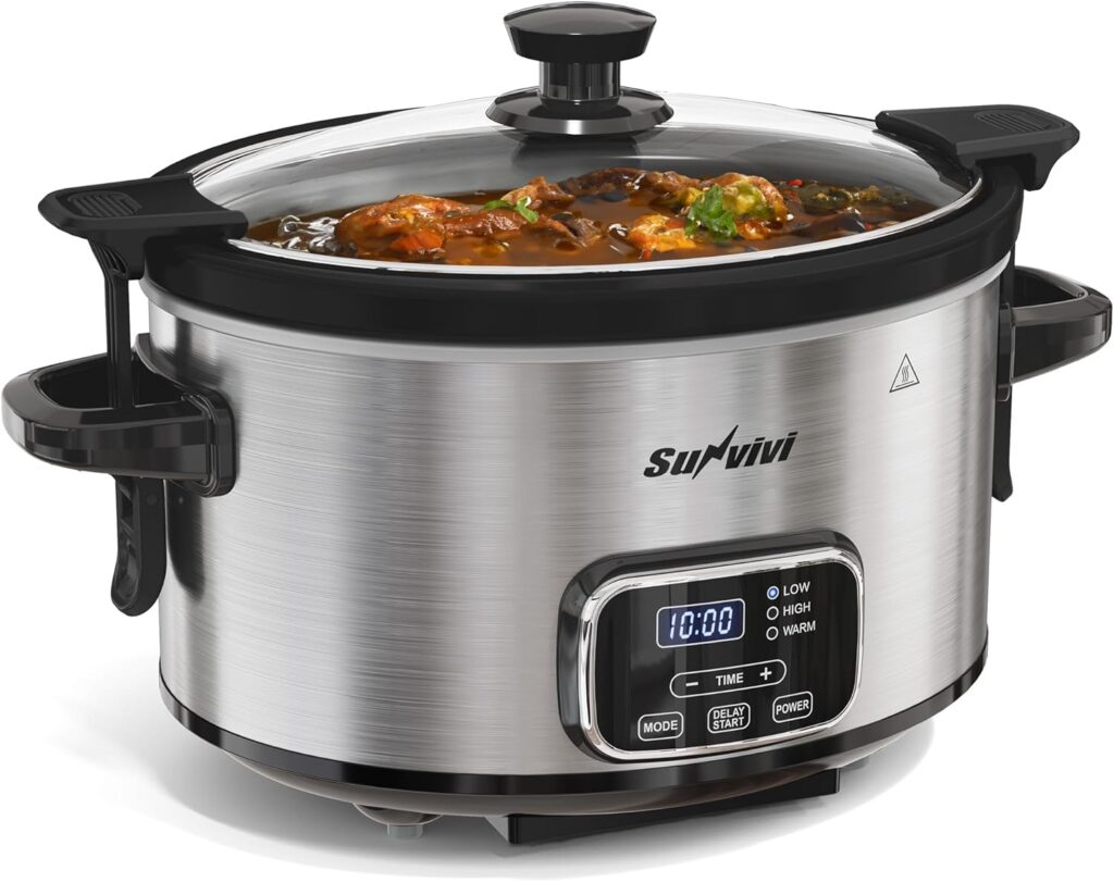 4QT Programmable Slow Cooker with Removable Ceramic Pot, Locking Lid, 3 Heating Settings & Timer, Dishwasher-Safe, Stainless Steel Silver