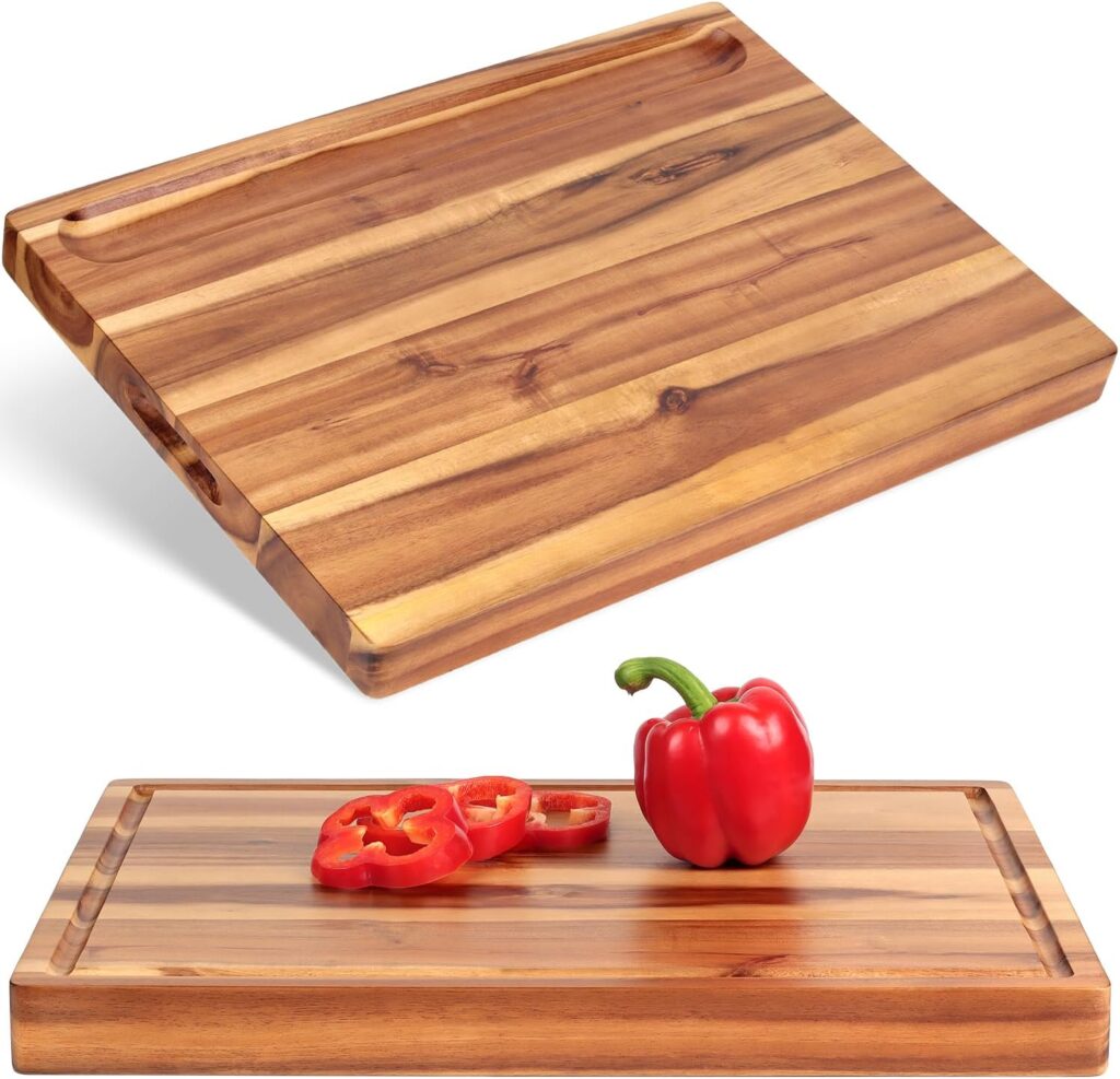 Acacia Wood Cutting Board (17x13x1.5in) and Wooden Butcher Block, Chopping Board – Reversible Multipurpose For Meat, Cheese Board, Vegetables, Bread…with Juice Groove, Cracker Holder & Inner Handles