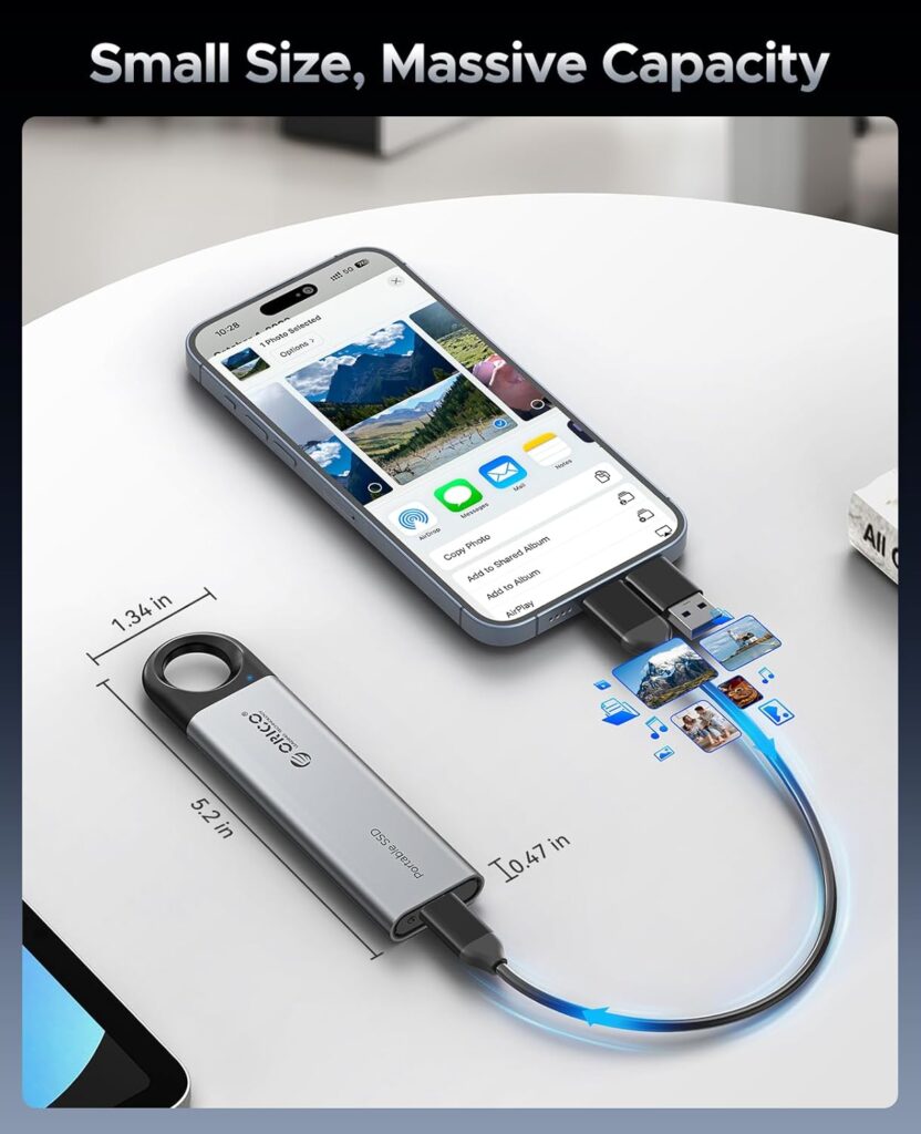 ORICO 4TB Portable SSD, Up to 460MB/s Speed External Solid State Drive, Hanging Hook Design, Plug & Play, USB-C & A 2-in-1 Cable, Portable Storage for Type-C Smartphones, Tablets, Laptops – C5C5