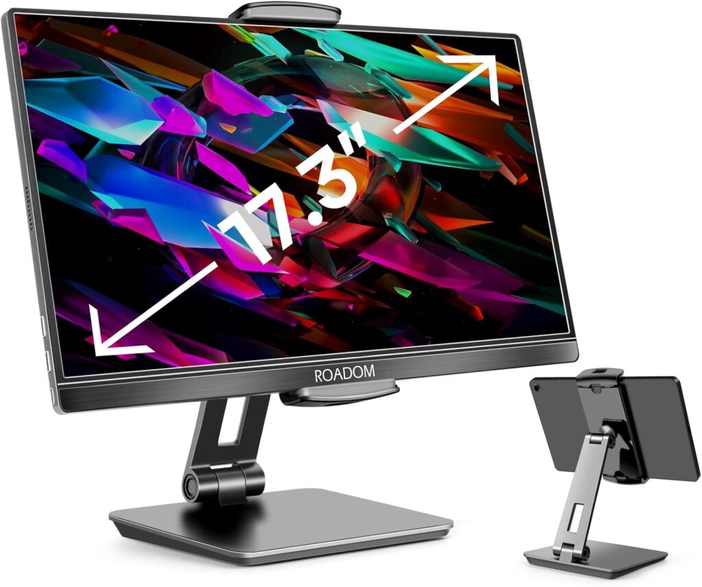 ROADOM Tablet Stand, Adjustable 360° Swivel Bracket, 180° Tiltable Clamp,Foldable Tablet Holder for 4.7-17.3” iPhone/iPad/Tablet/Portable Monitor, Aluminum Alloy, Black