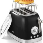 Glossy Black Cute Retro Toaster 2 Slice with 1.58″ Wide Slots, Bread toaster with Cover and Warm Rack, Stainless Steel Toaster with Removable Crumb Tray, Preheat, Defrost, Cancel Function