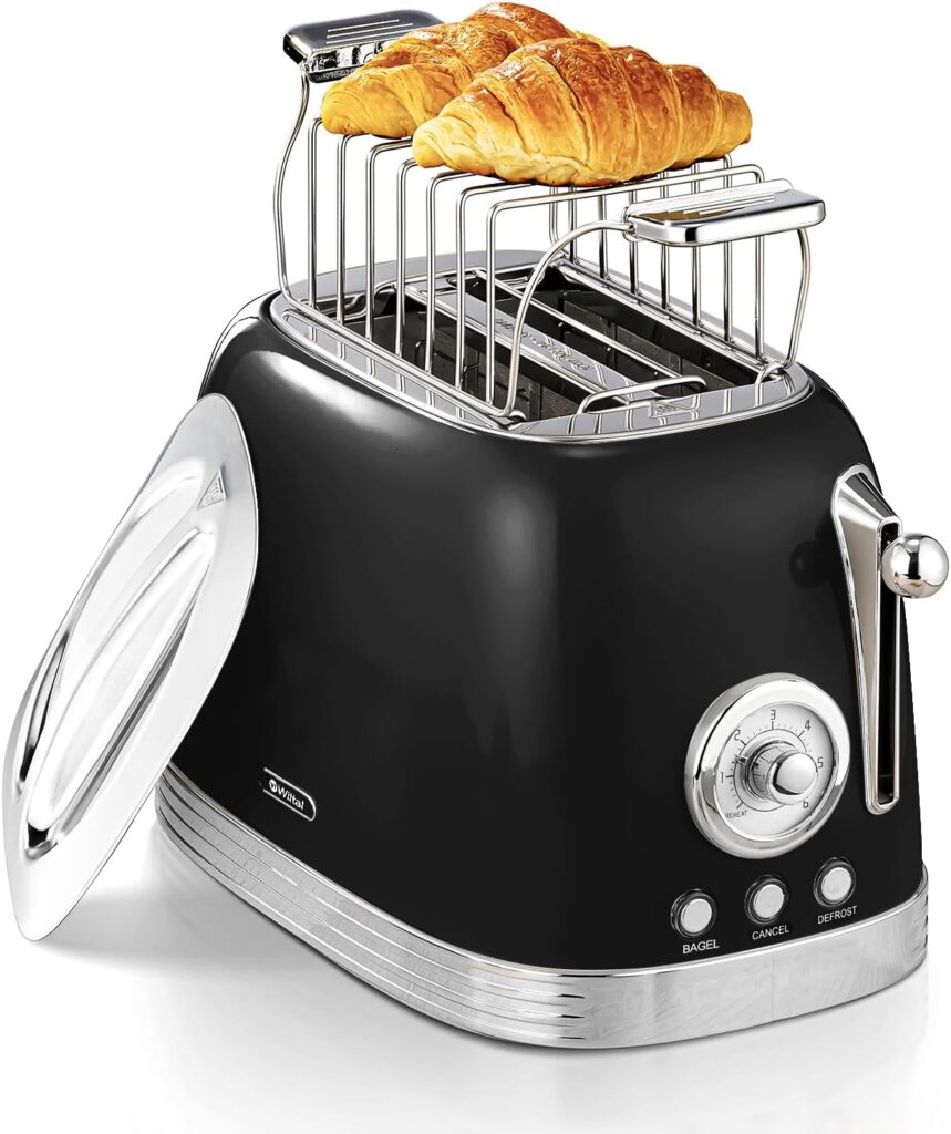 Glossy Black Cute Retro Toaster 2 Slice with 1.58″ Wide Slots, Bread toaster with Cover and Warm Rack, Stainless Steel Toaster with Removable Crumb Tray, Preheat, Defrost, Cancel Function