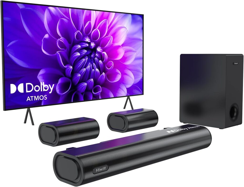 Hiwill 5.1ch Dolby Atmos Soundbar with 5.25” Subwoofer, Clear Voice, Surround Sound System w/2 Wired Rear Speakers, 380W Peak Power Bluetooth PC Sound Bar for TV, eARC/ARC/Opt, 2025