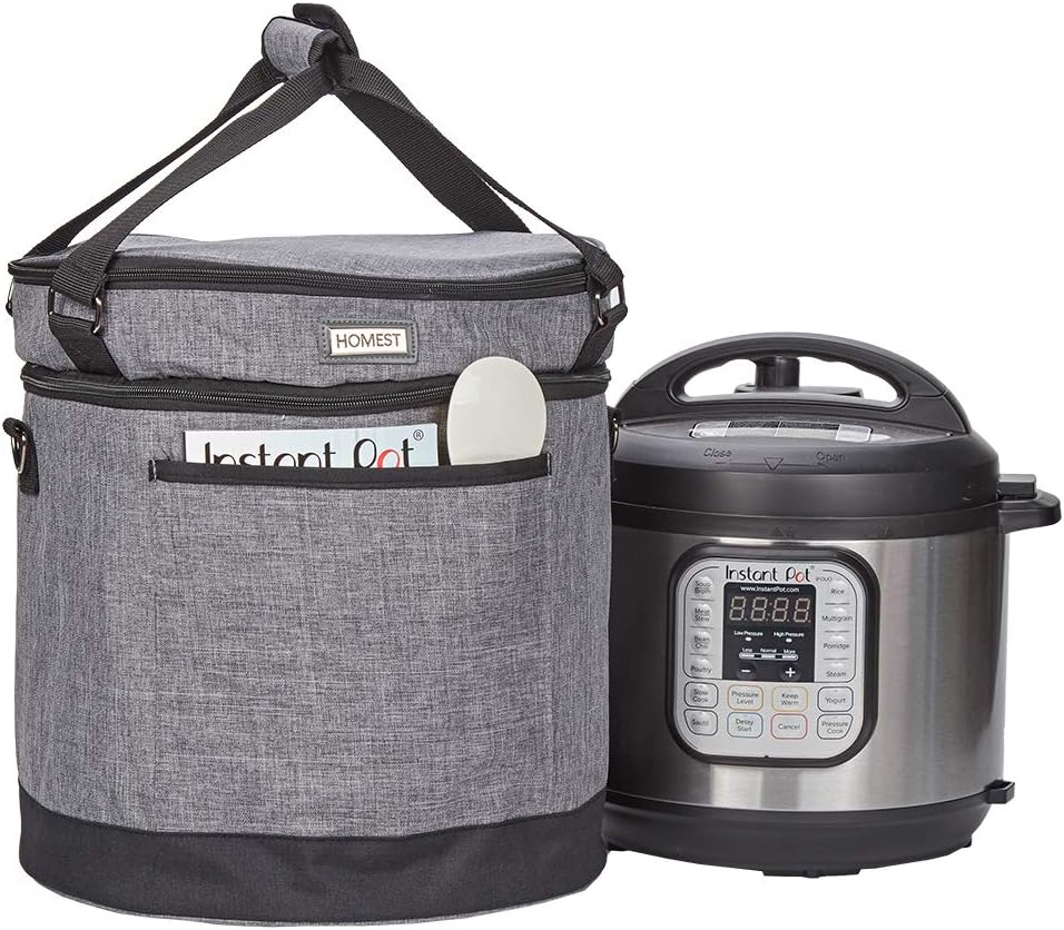 HOMEST 2 Compartments Carry Bag for 8 Quart Instant Pot, Pressure Cooker Travel Tote Have Accessory Pockets for Spoon, Measuring Cup, Steam Rack, Insulated Carrier with Easy to Clean Lining, Grey