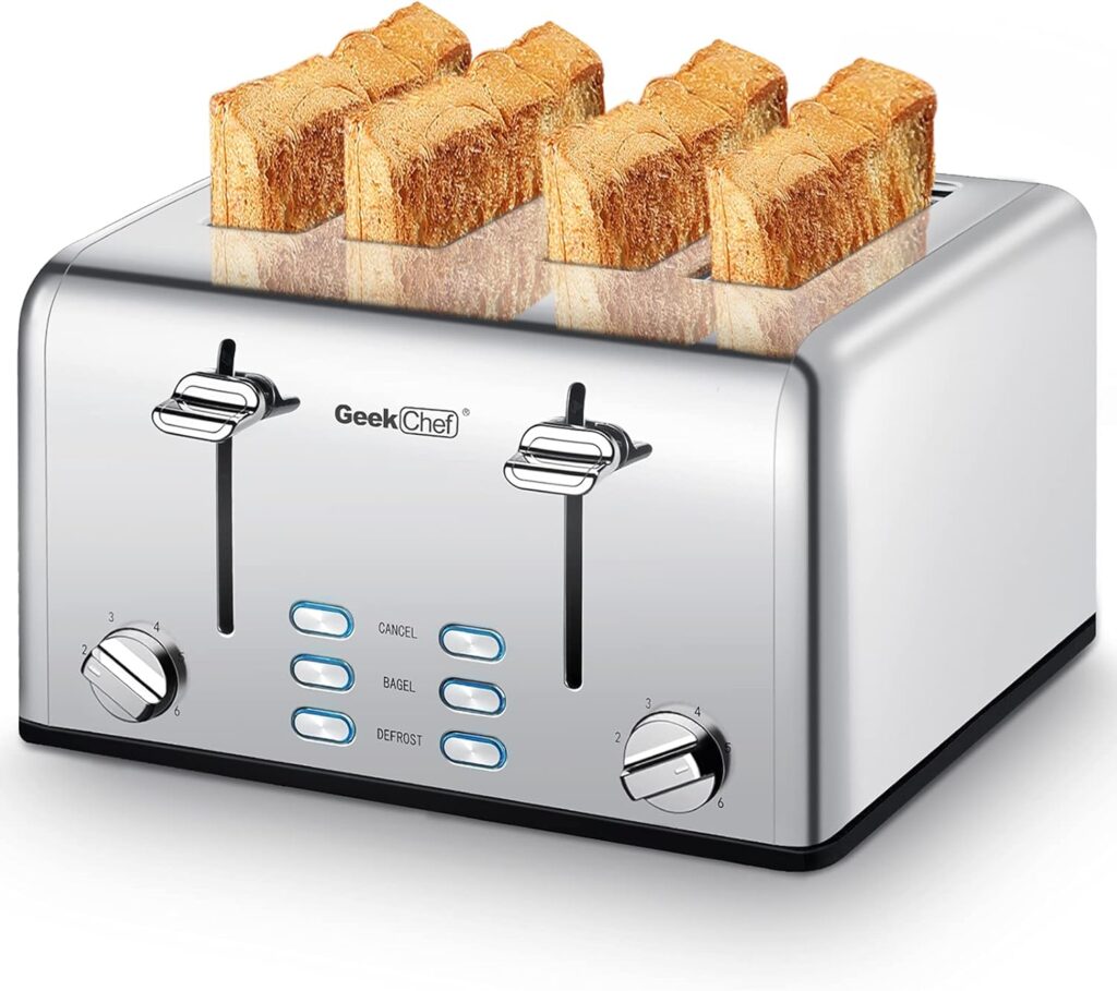 Toaster 4 Slice, Geek Chef Stainless Steel Toaster with Extra Wide Slots,4 Slot Toaster with Bagel/Defrost/Cancel Function, Dual Control Panel of 6 Toasting Bread Shade Settings, Removable Crumb Trays, High Lift Lever, ETL