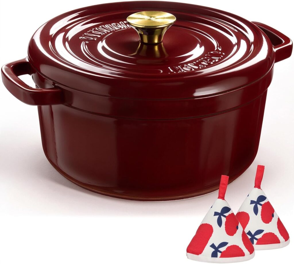 Overmont Enameled Cast Iron Dutch Oven – 5QT Pot with Lid Cookbook & Cotton Potholders – Heavy-Duty Cookware for Braising, Stews, Roasting, Bread Baking burgundy