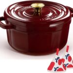 Overmont Enameled Cast Iron Dutch Oven – 5QT Pot with Lid Cookbook & Cotton Potholders – Heavy-Duty Cookware for Braising, Stews, Roasting, Bread Baking burgundy