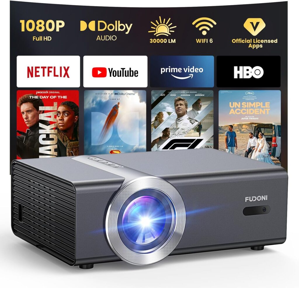 [Built-in Apps/High Brightness] Smart Projector with WiFi & Bluetooth, FUDONI 1080P Full HD Outdoor Movie Projector with Netflix/YouTube/Prime Video, Portable Proyector Compatible with HDMI/USB/iOS