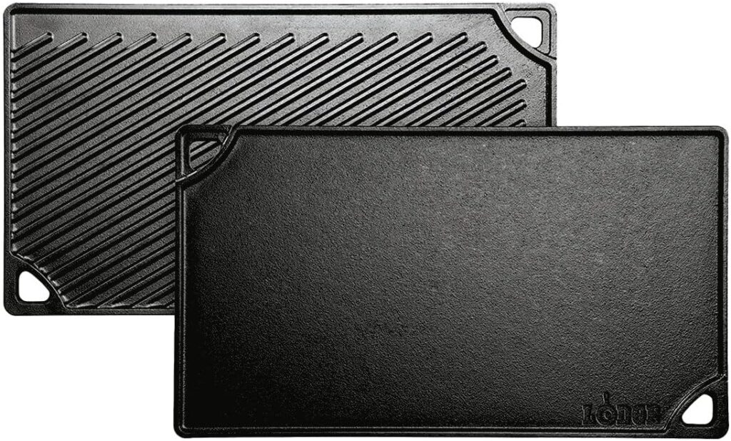Lodge Reversible Cast Iron Grill/Griddle – 9.5 x 16.75 Inch Pre-Seasoned Cooking Surface – Flat & Ribbed Sides – Use on Stove, Grill, or Campfire – Made in the USA – Heavy-Duty, Black