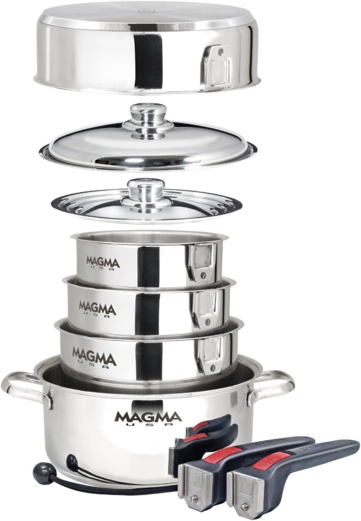 Magma 10 Piece Gourmet Nesting Stainless Steel Cookware Set, Induction Compatible, Oven Safe to 500°F – Suitable for All Stovetops, Removable Handles, Silver