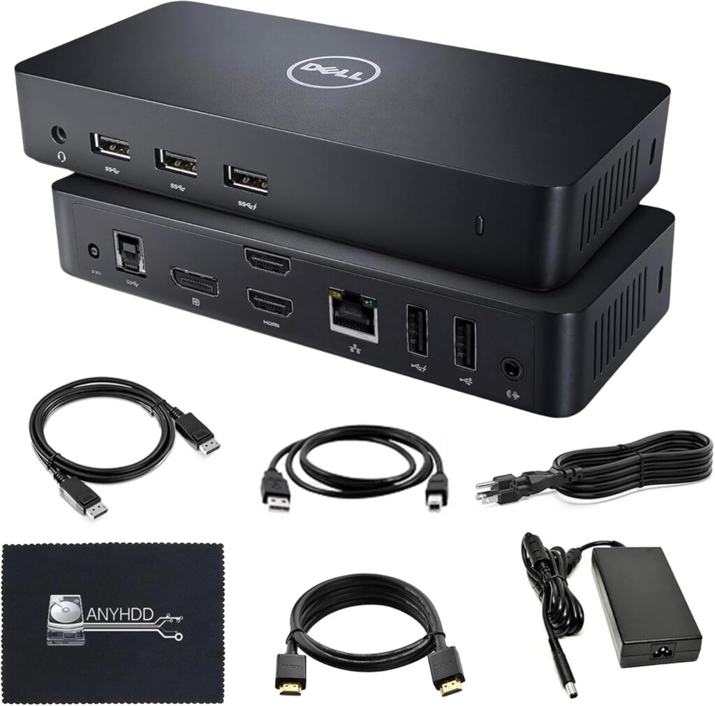 D3100 Dell Dock USB 3.0 Ultra HD/4K Triple Display – 1 Year Warranty with 65W Power Adapter + HDMI Cable + Display Port Cable + USB 3.0 Cable + Microfiber Cloth Included (Renewed)