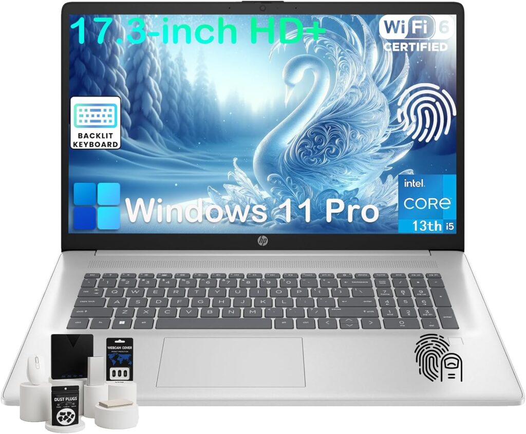 HP 17 Laptop Computer for Business, 64GB RAM, 2TB SSD, Intel 10-Core i5-1334U, 17.3″ HD+ Anti-Glare Display, Win11 Pro, Backlit Keyboard, Fingerprint, Numeric Keypad, 720p HD Camera, w/Accessories