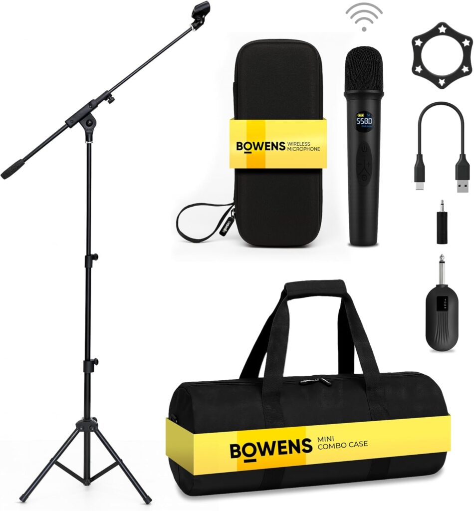 Bowens Wireless Microphones – Handheld Wireless mic with Microphone Stand, Hard case and Accessories – Adjustable 18-70″ Microphone Stand for Karaoke, Events