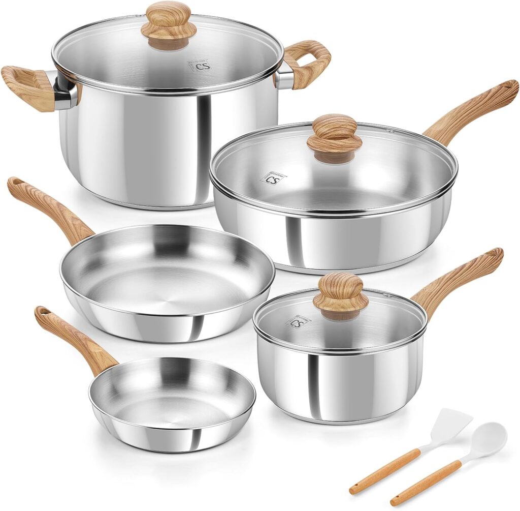 KOCH SYSTEME CS Stainless Steel Coowkare Set 10PCS, Professional 18/10 Stainless Steel Pots and Pans Set with Cool-Touch Handles, Tri-ply Base, Kitchen Cookware Sets, Cooking Set Induction Compatible