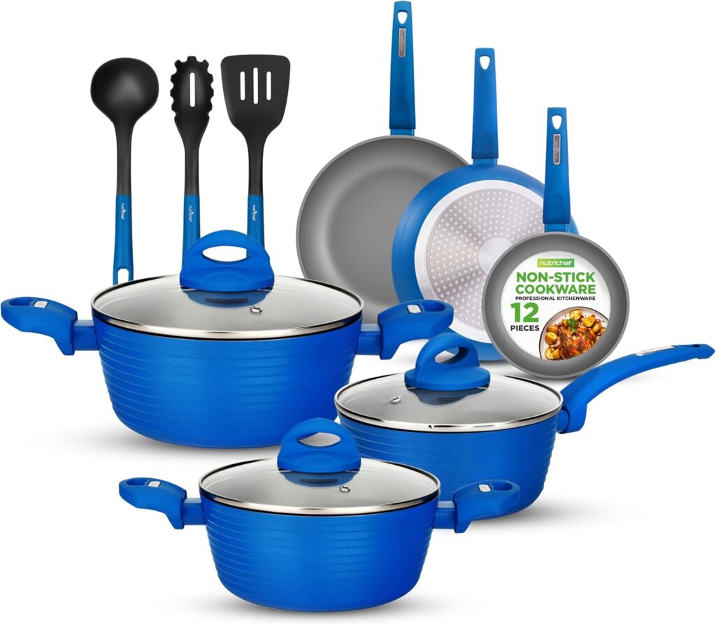 NutriChef 12-Pc Blue Nonstick Cookware Set – Professional Pots & Pans with Durable Coating, All Cooktops Compatible, Including Induction