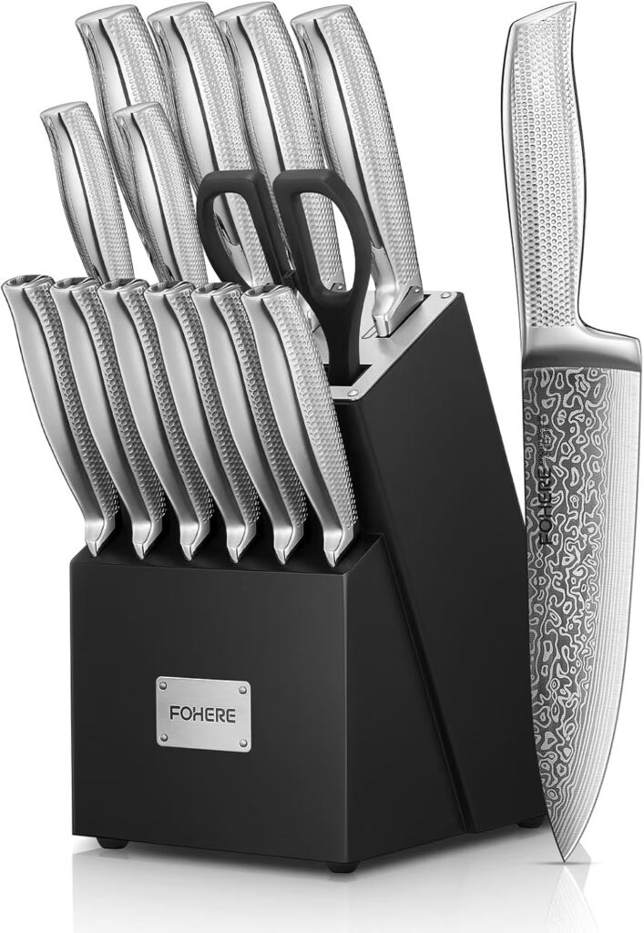 Knife Block Set, FOHERE 14 Pcs Knife Set with Block, Built-in 5 x Sharpeners, German High Carbon Stainless Steel Knife Set, Ultra Sharp Knives with Non-slip Ergonomic Handle