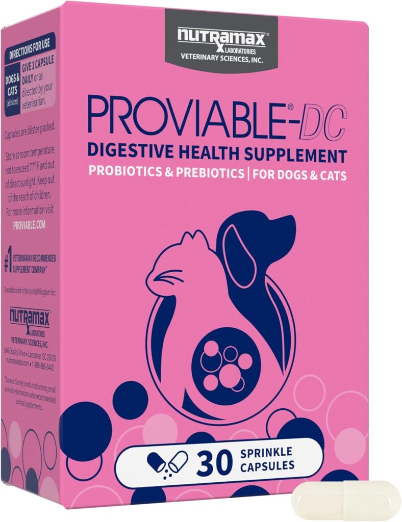 Nutramax Proviable Probiotics for Dogs and Cats, Daily Digestive Health Supplement with Multiple Strains of Bacteria, Cat and Dog Probiotics Plus Prebiotics, 30 Capsules