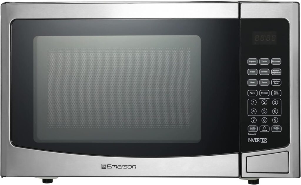 Emerson MWI1212SS Countertop Microwave Oven with Inverter and Button Control, LED Display 1000W 10 Power Levels, 8 Auto Menus, Glass Turntable and Child Safe Lock, 1.2 Cu. Ft, Stainless Steel