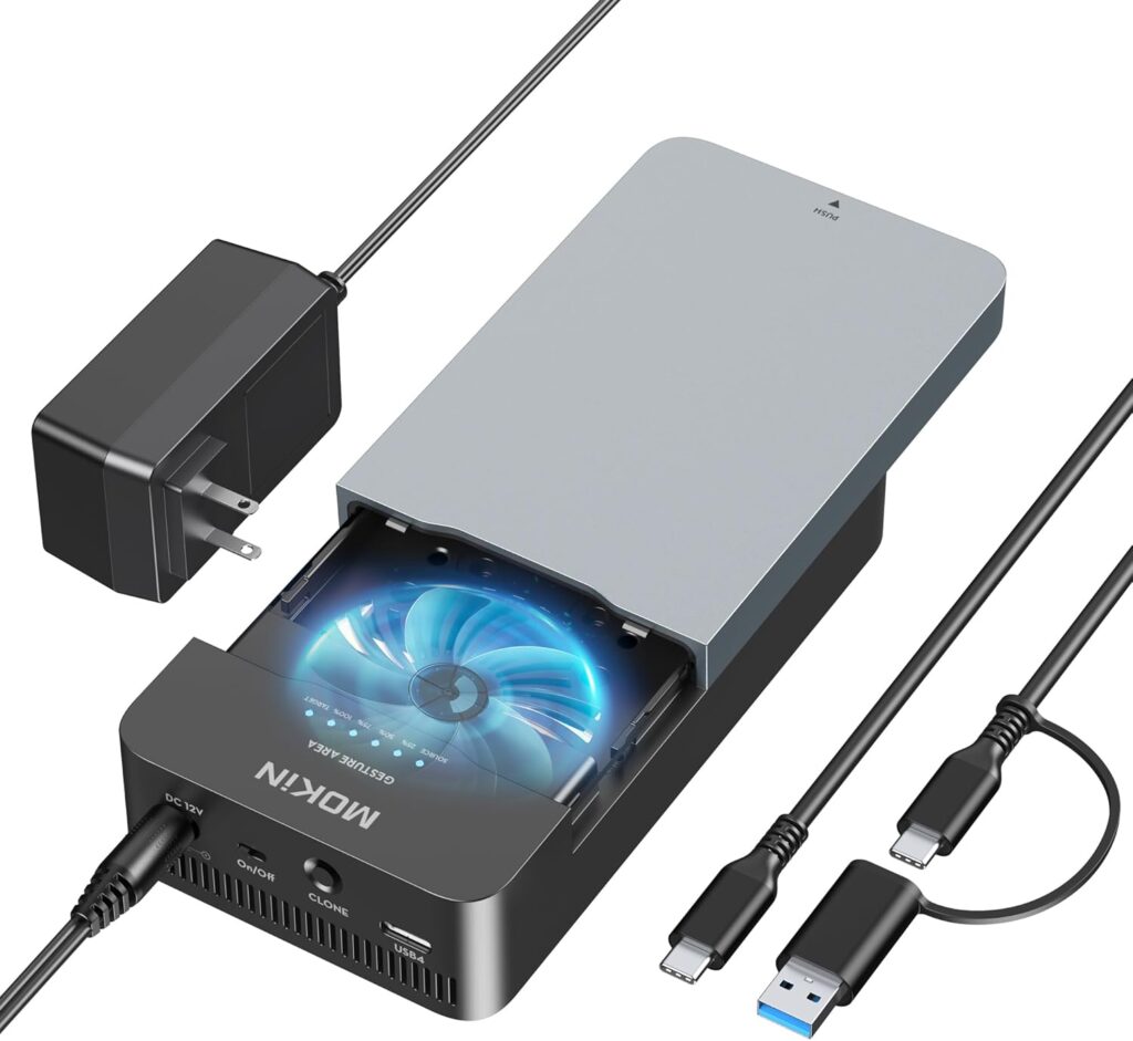 Dual-Bay Offline Clone Tool-Free NVMe M.2 SSD Enclosure 40Gbps USB4 with Cooling Fan, Compatible with MacBook M4/Pro/Max, Mac Mini, Supports NVMe PCIe Size 2230/2242/2260/2280 (Up to 8TB)