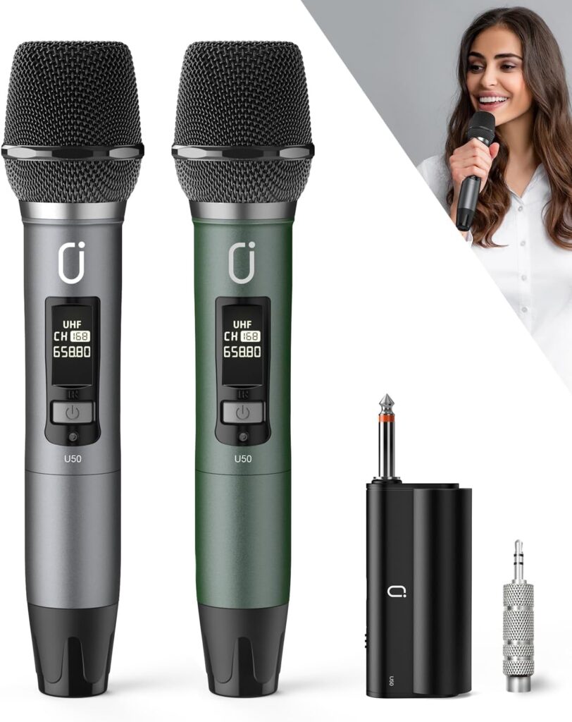 Wireless Microphones, Professional UHF Dual Microphones for Karaoke, Wireless Dynamic Microphone System Set with Rechargeable Receiver,Plug and Play, Speech, Wedding, Church, PA System