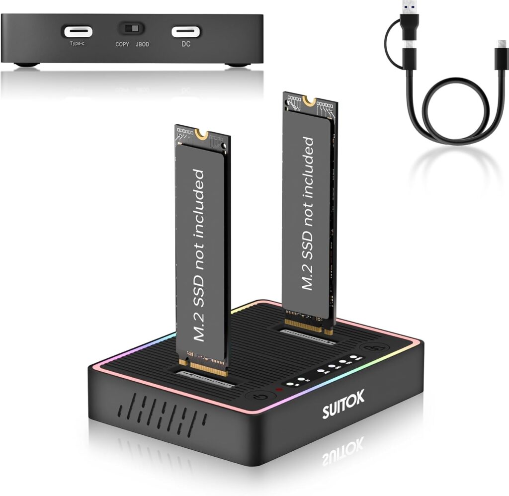 M.2 Duplicator Cloner Dual-Bay Offline USB C to NVMe SATA Dock Station, 20Gbps M2 Reader for Both (M Key, B+M Key) PCIE NGFF Docking, Size for 22110 2280 2260 2242 2230 Enclosure – STK03